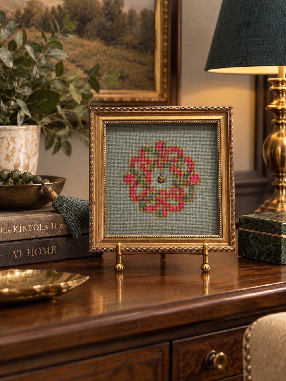 Handmade Framed Cross Stitch Art Geometric Knotwork Brass Sun Charm 7.25"